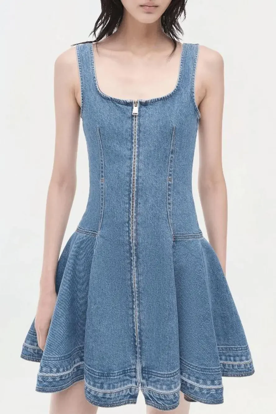 SIMKHAI Eleodra Denim Mini Dress in Zanpa 8 NWT Quiet Luxury Minimalist Coastal